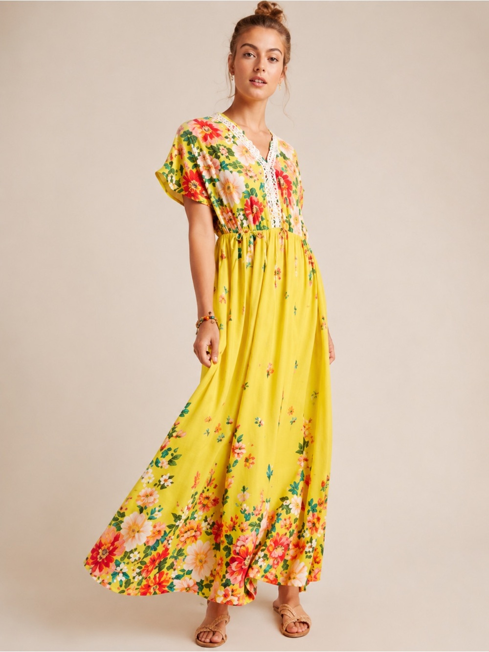 FARM Rio Samara Floral Maxi Dress Yellow Tropical Print Petite S - Picture 1 of 9
